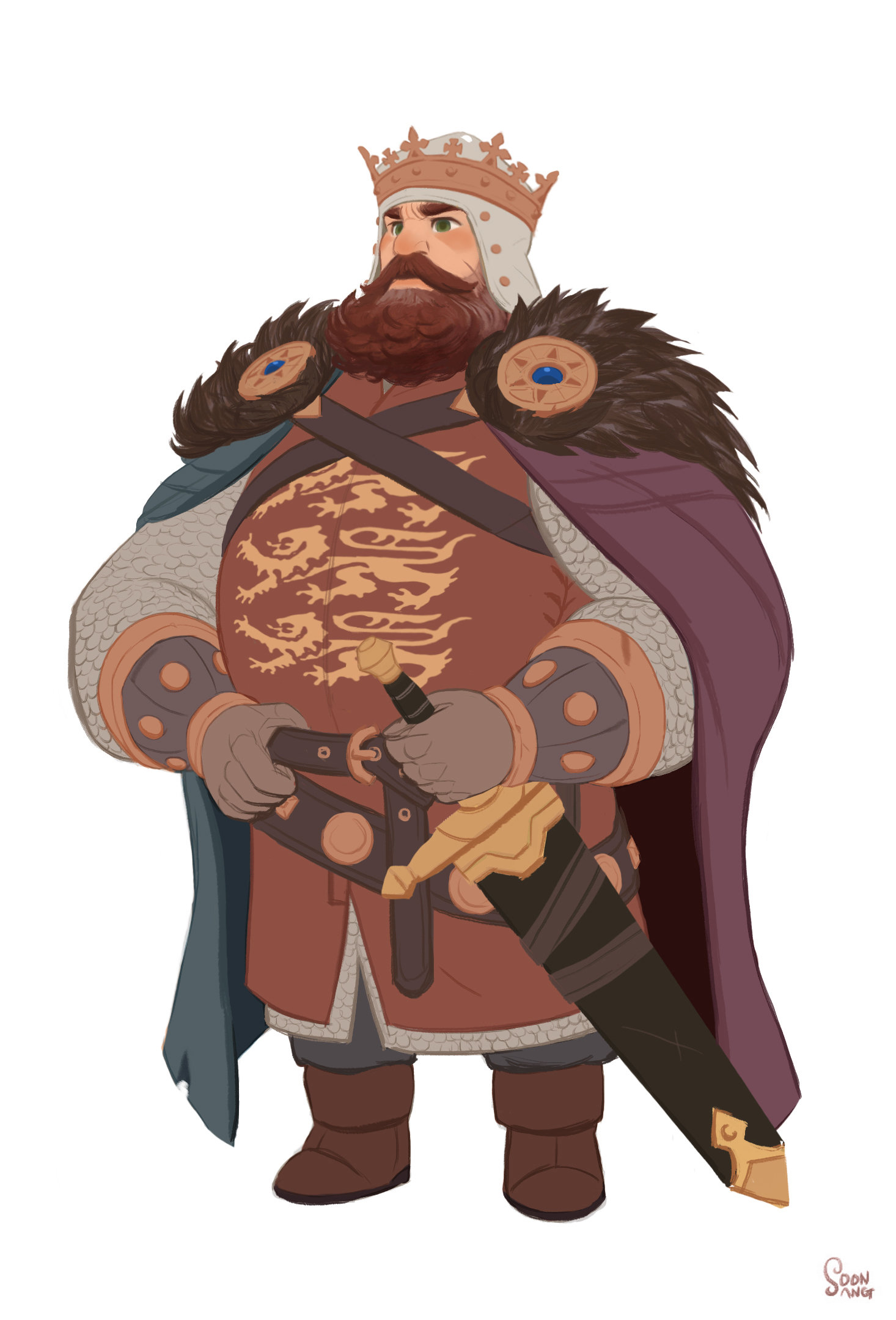 the illustration showcases a kingly figure, adorned in regal attire. he stands against a stark white backdrop, drawing attention to the intricate details of his garb. his crown, armor, and sword speak of his status and power, while his stance exudes an air of authority. the warm color palette enhances the regal aura, further emphasizing the king's prominence.