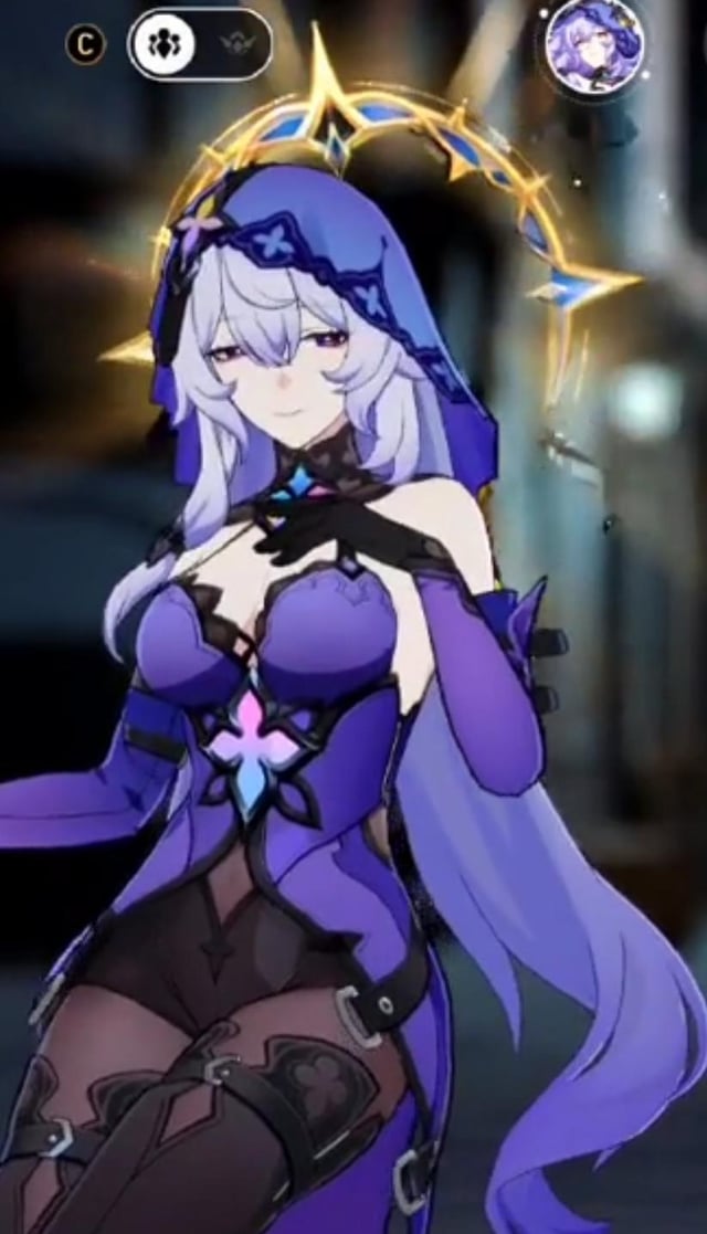 the image is a digital illustration or screenshot from the video game genshin impact, featuring a female character.  she has long, flowing purple hair, and is wearing a stylish purple outfit that includes a hooded cloak and what appears to be a magical girltype costume.  a glowing golden halo is present behind her head. she is posed in a somewhat seductive manner, with her hands near her chest. the background is blurry and dark, providing a contrast to her vibrant outfit and features.  the overall style is animeinfluenced and fantastical.