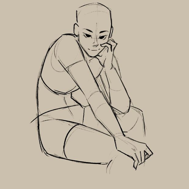 a black and white line drawing of a female figure sitting with one arm resting on her knee and the other hand on her chin. her head is tilted to the side, and her expression is thoughtful.  the figure is drawn in a simplified style, with only the basic contours of her body visible.