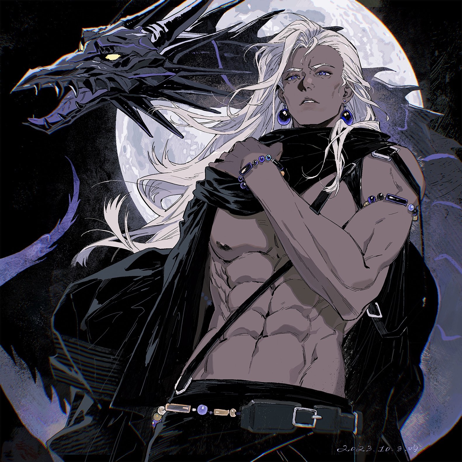 a man with long white hair and a muscular physique is standing in front of a large black dragon with a full moon in the background. the man is wearing a black shirt that is partially open to reveal his toned chest. he is also adorned with several pieces of jewellery, including bracelets and earrings. the image has a dark, mysterious, and somewhat gothic aesthetic.