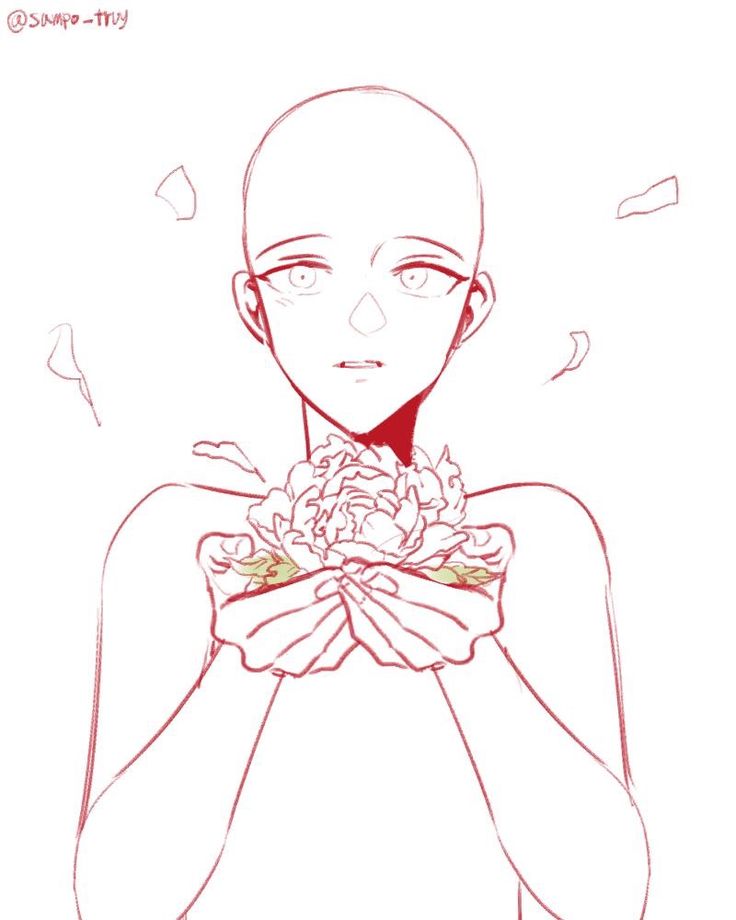 a sketch of a female anime character with blank facial features. she is holding a bouquet of flowers and has a slightly sad expression.  the lines are drawn in a light red color against a white background. this is a common image for artists to use as a base for their own drawings.