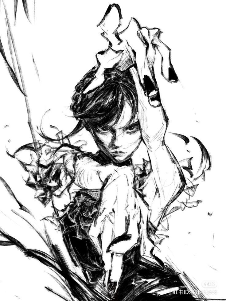 this is a black and white sketch of a woman's portrait. the woman is drawn in a dramatic, stylized way, with her hair covering most of her face. one hand is raised up to her face, with long fingers and sharp nails. the woman's expression is one of intensity and determination. the sketch is done in a very detailed style, with lots of shading and texture. the background is mostly blank, but there are some sketchy lines that suggest movement or energy.