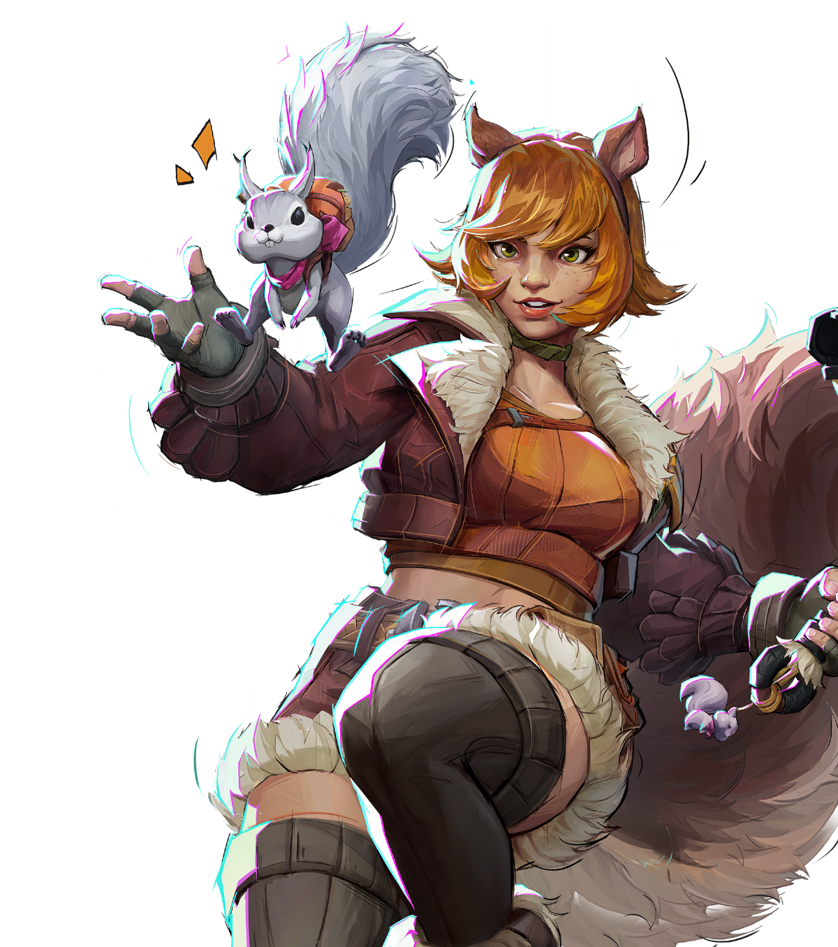 a digital illustration depicts squirrel girl, a female comic book character from marvel comics, in a dynamic pose against a black background. she has orange hair, green eyes, and wears a brown jacket with fur trim, along with an orange top. a white squirrel with a pink bow is perched on her arm. the style is reminiscent of fantasy art with detailed rendering and bold lighting.