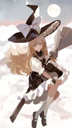 the illustration features a young witch with long blonde hair, perched atop a snowy landscape. she wears a flowing black and white dress paired with a widebrimmed witch's hat adorned with a large bow. in her hand, she holds a rustic broom, its bristles splayed out as if recently used. a full moon shines brightly in the background, casting a gentle glow upon the scene.  the overall atmosphere is whimsical and enchanting, reminiscent of a children's storybook.
