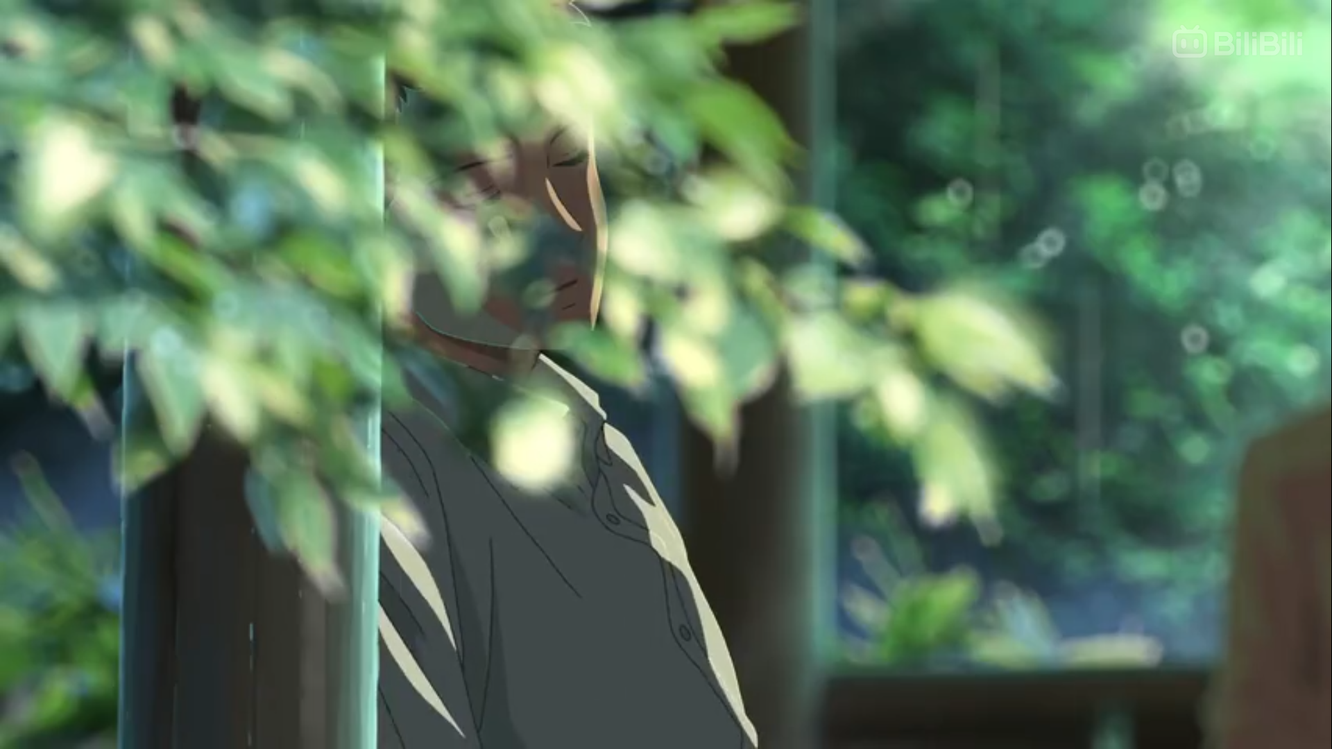 the image captures a man peacefully sleeping on a bench in a park. he is partially hidden by the lush green leaves of a tree, dappled sunlight creating a serene and tranquil atmosphere. the focus is on the interplay of light and shadow, highlighting the man's relaxed posture and the beauty of the natural surroundings.  the overall feeling is one of quiet contemplation and peacefulness.