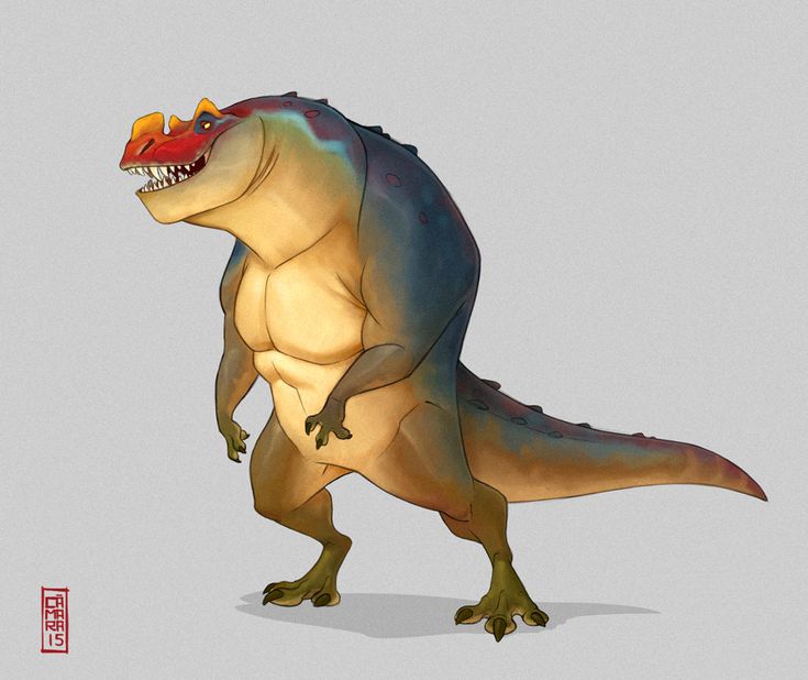an illustration of a muscular, cartoonish dinosaur resembling a tyrannosaurus rex (trex) standing upright. it has a red face with yellow accents, a tan body, blue accents on its back, and is standing on two legs with small arms. the dinosaur has an intimidating appearance with exposed teeth.
