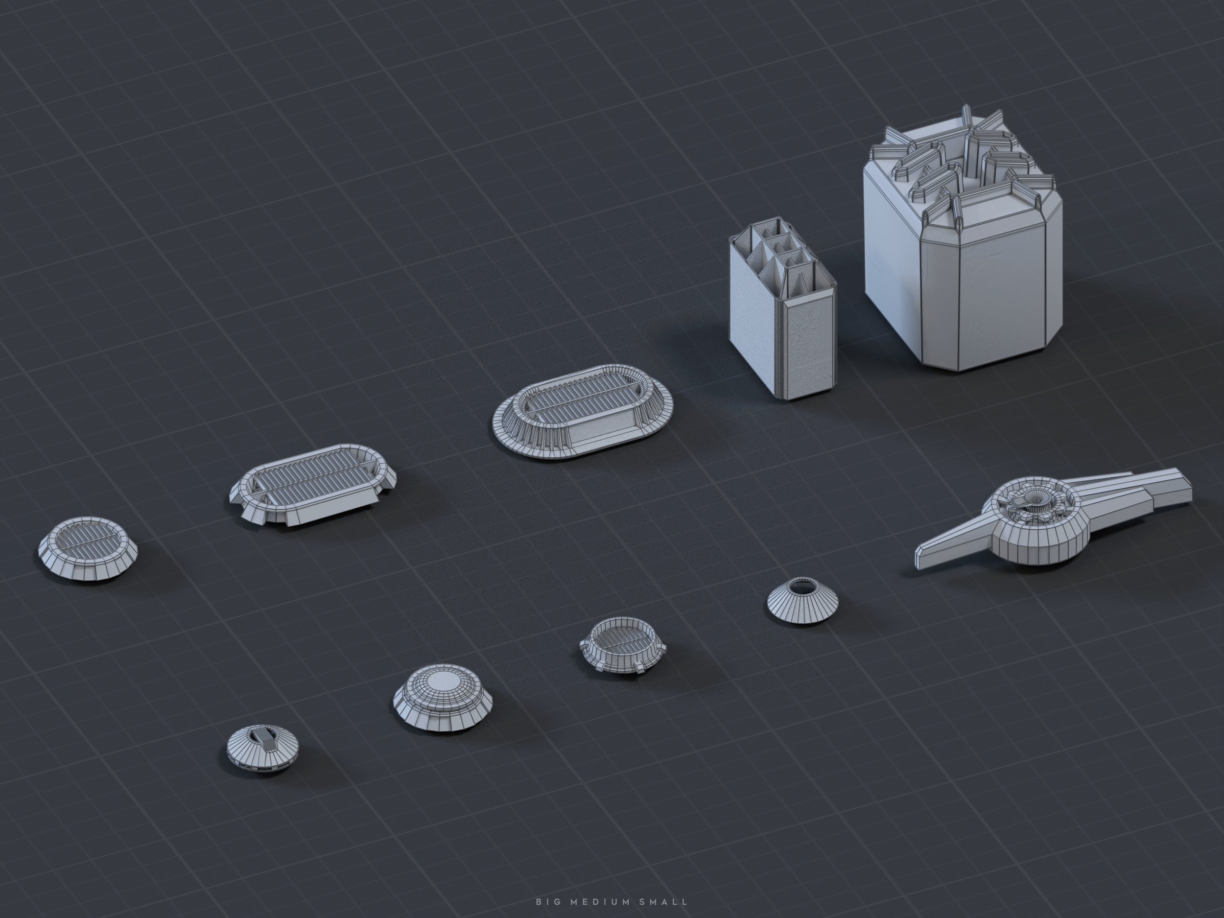 the image displays a collection of 3d models rendered in a wireframe style against a dark gray gridded background. the models appear to represent various types of manhole covers, vents, or similar industrial/utility objects in varying sizes, ranging from very small to relatively large. the wireframe style reveals the underlying geometry of the objects, making the models look technical and mechanical.  a legend at the bottom indicates the size progression: big, medium, small. the overall style suggests the models are likely intended for use in a video game or a similar digital environment.