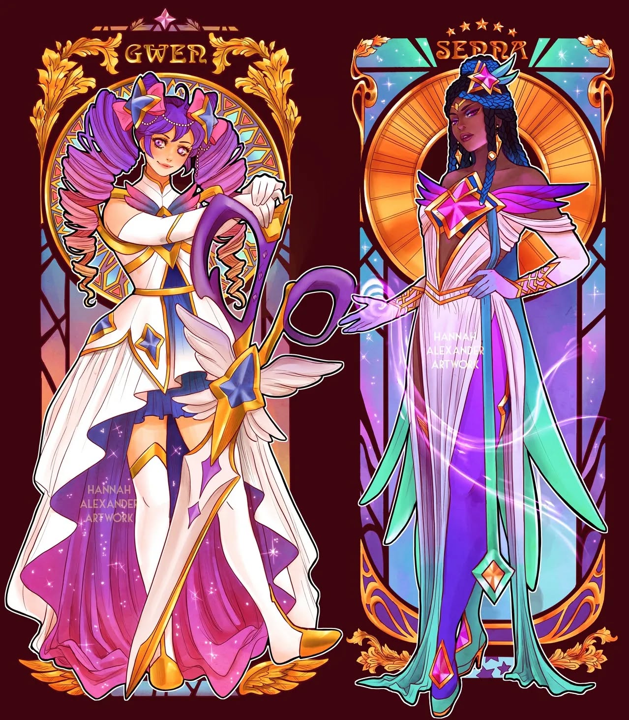 the image showcases two distinct female characters, gwer and sepra, rendered in a vibrant, stylized art nouveau aesthetic reminiscent of stainedglass windows. both characters are adorned in elaborate, flowing gowns with celestial themes and a color scheme of purples, pinks, blues, and gold. gwer wields a large, ornate sword with wings, while sepra holds a glowing orb.  the overall style is animeinfluenced with detailed features and dynamic poses.  the background frames are intricately designed to further enhance the art nouveau style. the artist's signature is subtly incorporated into the artwork. the style suggests possible inspiration from video game character design, particularly given the names and weaponry.
