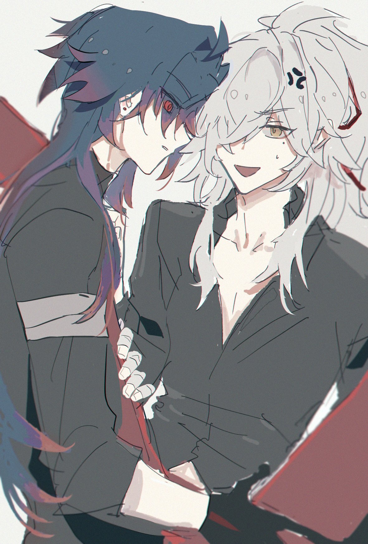 an anime style image showing a male character with white hair and a female character with black hair. the two characters are standing close to each other and their faces are almost touching. they are both wearing black and grey clothing. the male character has red eyes and the female character has red highlights in her hair. the background is a blur of red and white.