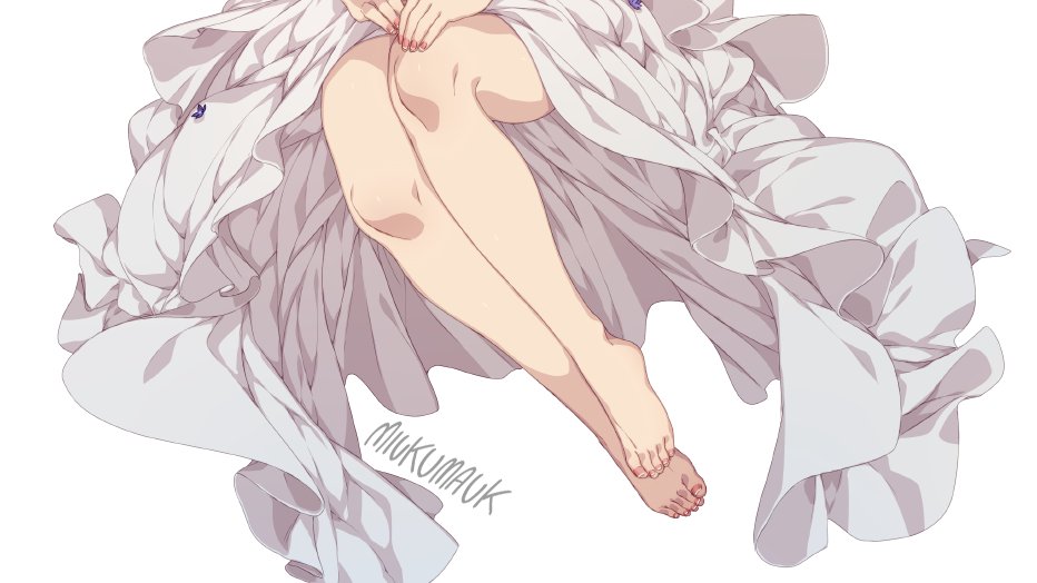an anime girl with her legs and feet on display. she is wearing a white dress that is flowing and ruffled.  the girl's legs are crossed at the knees, and her feet are bare and pointing out from the dress.