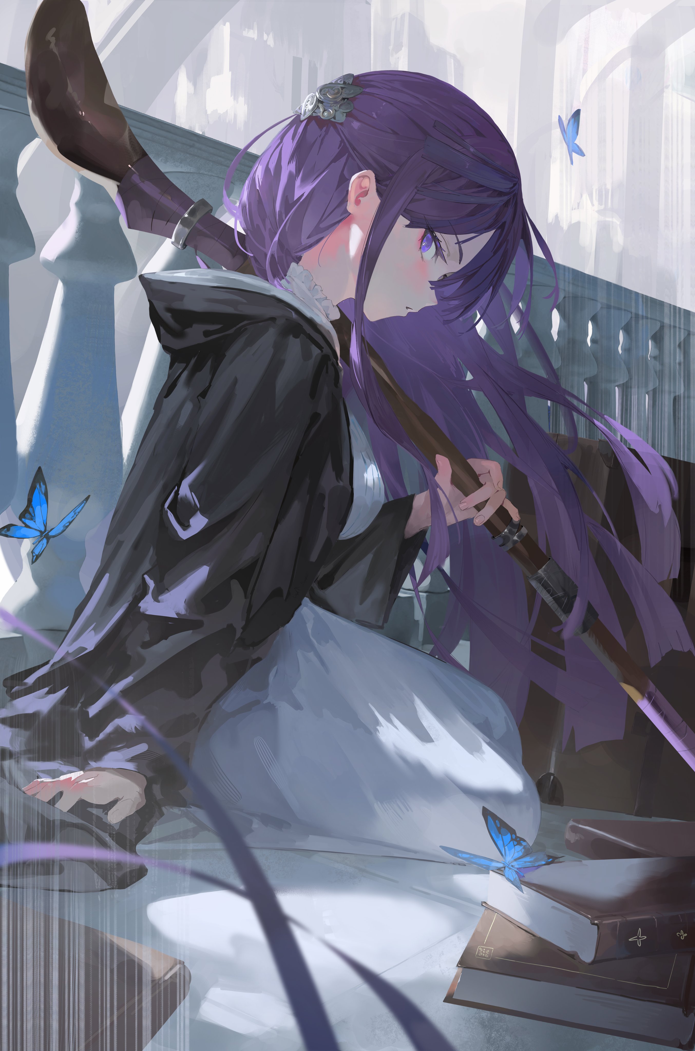 a young woman with long purple hair sits on a stone balcony in a ruined castle. she wears a black cloak over a white dress and holds a long, thin sword. her gaze is cast downwards, and her expression is contemplative. several blue butterflies flutter around her, and a couple of books lie open on the balcony beside her. the overall atmosphere is dreamlike and ethereal.