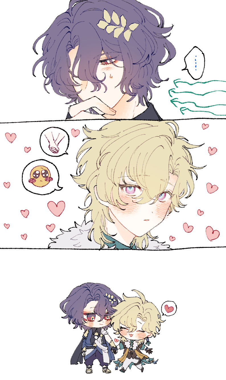 he image is a collection of three animestyle illustrations. the first shows a young man with long, dark purple hair, slightly blushing and looking thoughtful, while a pair of green arms reach out from the right side.  the second panel shows a closeup of a second young man with light blond hair, also blushing and looking endearingly toward the viewer, surrounded by pink hearts. the third and final panel is a chibistyle depiction of the two young men, holding hands, and looking lovingly at one another.  the art style is soft and delicate, with pastel colors and a focus on expressive eyes and gentle features. the overall mood is romantic and sweet.