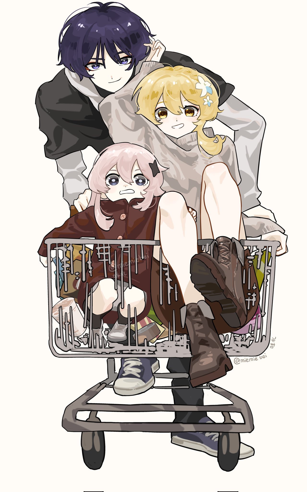 three anime girls are shown in a shopping cart. the girl in the front has pink hair and brown eyes. she is wearing a red jacket and black pants. the girl in the middle has blonde hair and blue eyes. she is wearing a gray sweater and blue pants. the girl in the back has dark blue hair and purple eyes. she is wearing a black jacket and black pants. the three girls are smiling and looking happy. they are in a grocery store, surrounded by colorful aisles.