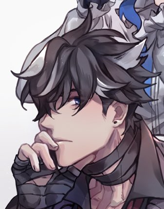 a closeup portrait of an anime character with black hair, blue eyes, and a piercing earring. he's wearing a stylish black outfit with a white collar and a dark scarf. he has a  pensive and slightly mysterious expression on his face. the image is drawn in a digital art style and  has a dark and edgy aesthetic.