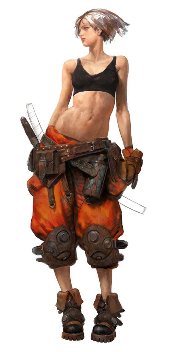 this image shows a female character, possibly a warrior or soldier, in a futuristic cyberpunk setting. she is dressed in a unique outfit that includes a black top, orange pants with a brown belt, and brown boots. she has a sword attached to her belt and is holding a second weapon, which could be a sword, knife, or some other futuristic weapon. the character is standing in a pose that suggests she is ready for action.  the illustration is drawn in a style that is reminiscent of anime or manga.