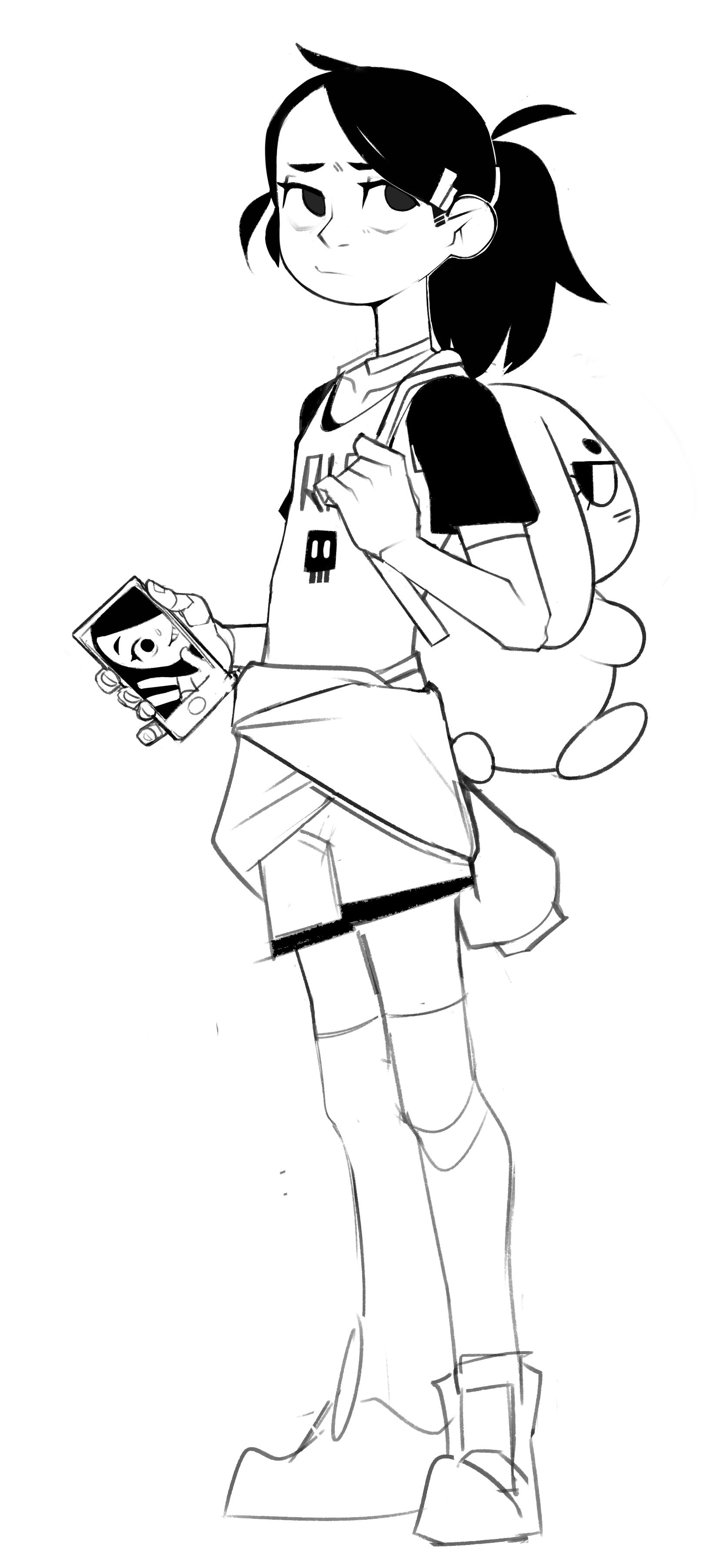a black and white drawing of a young girl with long black hair, a school uniform, and a backpack. she's holding a phone in her left hand and looking down at it. she's about to take a step forward.