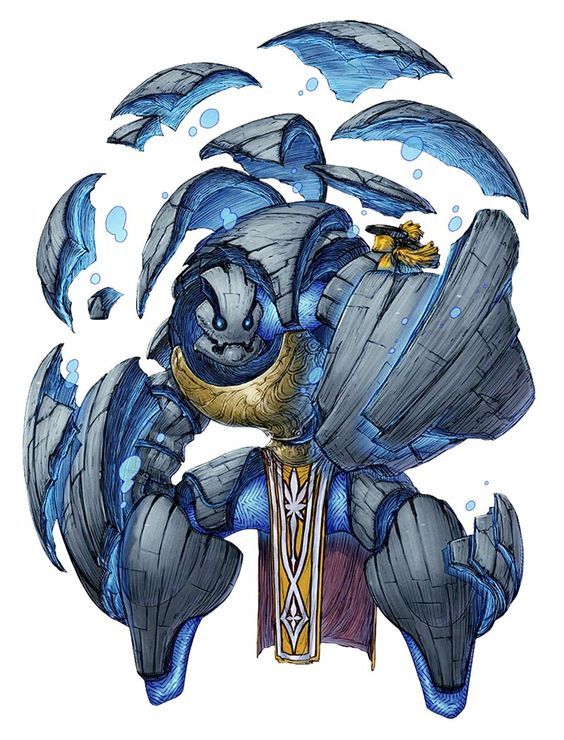 the image showcases a powerful stone golem, its body formed from roughhewn blocks of gray stone. fragments of rock levitate around it, edged with glowing blue lines, hinting at an internal energy source or magical control. water bubbles float among the stone fragments, suggesting a connection to the water element. the golem has a stoic expression on its featureless, masklike face. a golden breastplate with ornate details adorns its chest, and a simple blue loincloth with a yellow trim hangs from its waist. the overall impression is one of strength, resilience, and perhaps even a touch of elemental fury.