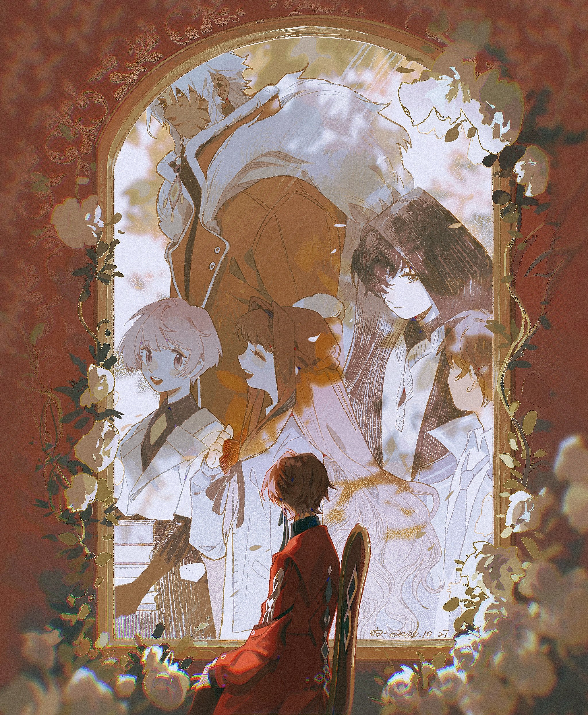 this image shows a young man sitting in front of a window looking at the reflection of a group of people. the reflection is in a golden frame with flowers around the window. the reflection contains 5 people, and the man in front of the window is looking at them, looking sad and nostalgic. there is a golden glow to the background, making the image very vibrant and colorful, it is also very detailed, making it look like a painting. the image has an aesthetic feel and is very beautiful, with a hint of sadness to it.