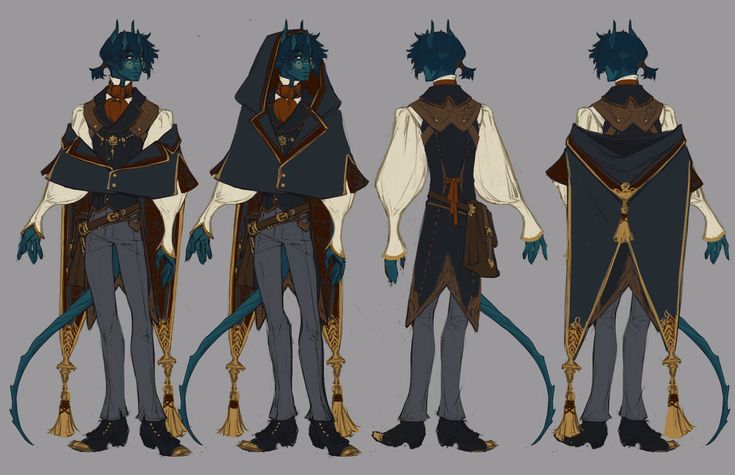 this is a character design of a blueskinned humanoid with horns and a tail wearing a blue cape, a black waistcoat, and grey pants. the character is drawn in four different poses, showing the front, side, back, and another side view. the character has dark blue hair and is wearing gold and black shoes. the design is detailed and the character is depicted in a stylish and whimsical manner.