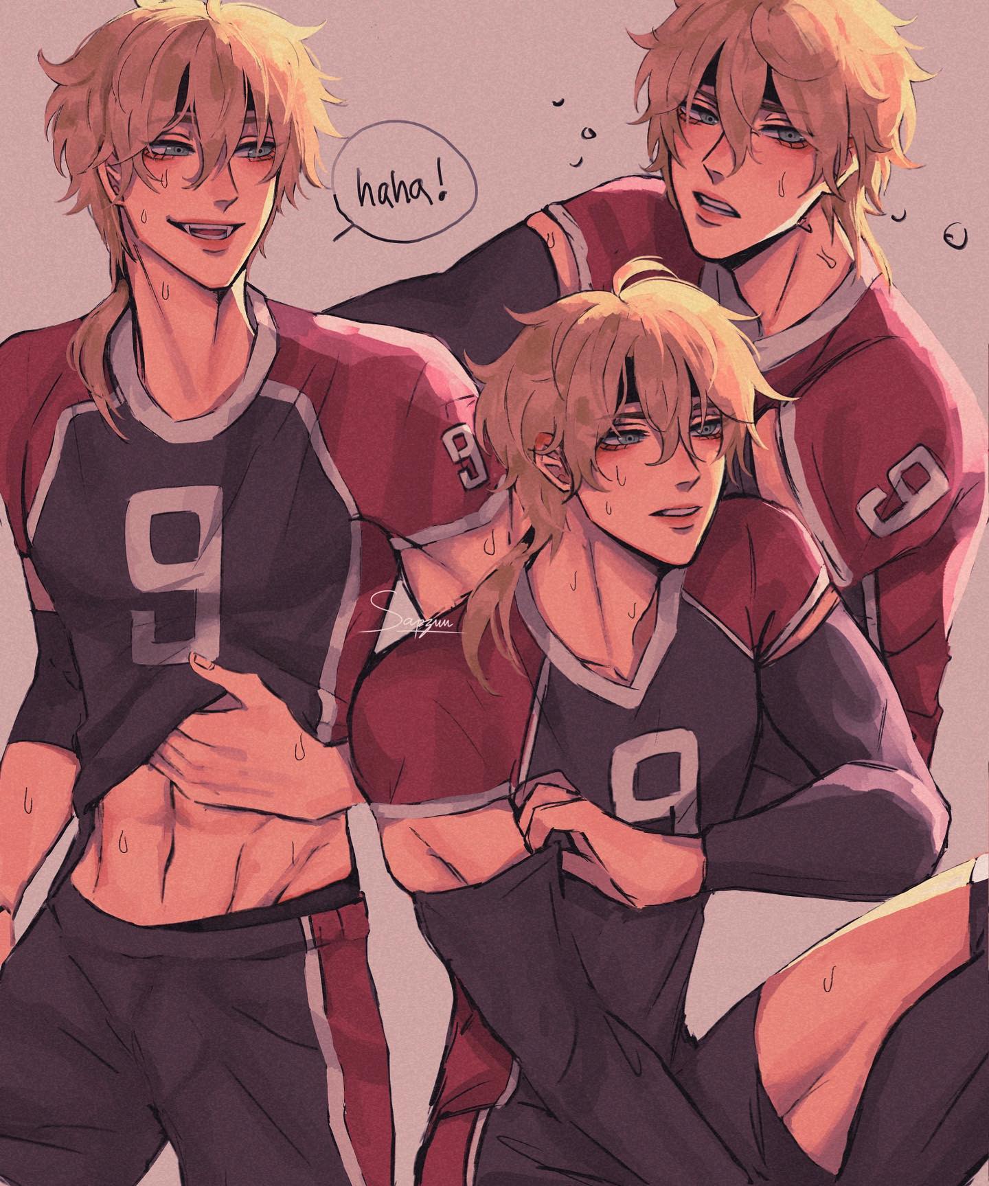 the image is a piece of anime fanart depicting three young men with blond hair. they are dressed in matching reddishbrown volleyball jerseys with the number 9.  two of them are embracing or in a close, affectionate pose,  with one of them slightly behind the others.  the art style is soft and slightly hazy, with a focus on the characters' expressions and physiques.  all three are shown as sweating, suggesting physical exertion, and two are smiling or laughing. the overall mood is lighthearted and slightly suggestive of intimacy.  the characters exhibit a welldefined, muscular physique, with their abs clearly visible.