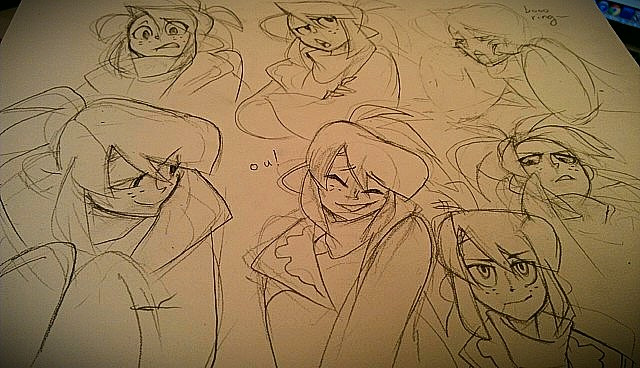 a page full of pencil sketches of young girls in various poses and expressions. the drawings appear to be done in an anime/manga style, with large eyes and exaggerated features. the girls are all wearing casual clothing and have a variety of hairstyles. some of the girls appear happy, while others look sad or angry. one girl is shown with a thoughtful expression. the drawings are all done in a loose and expressive style.