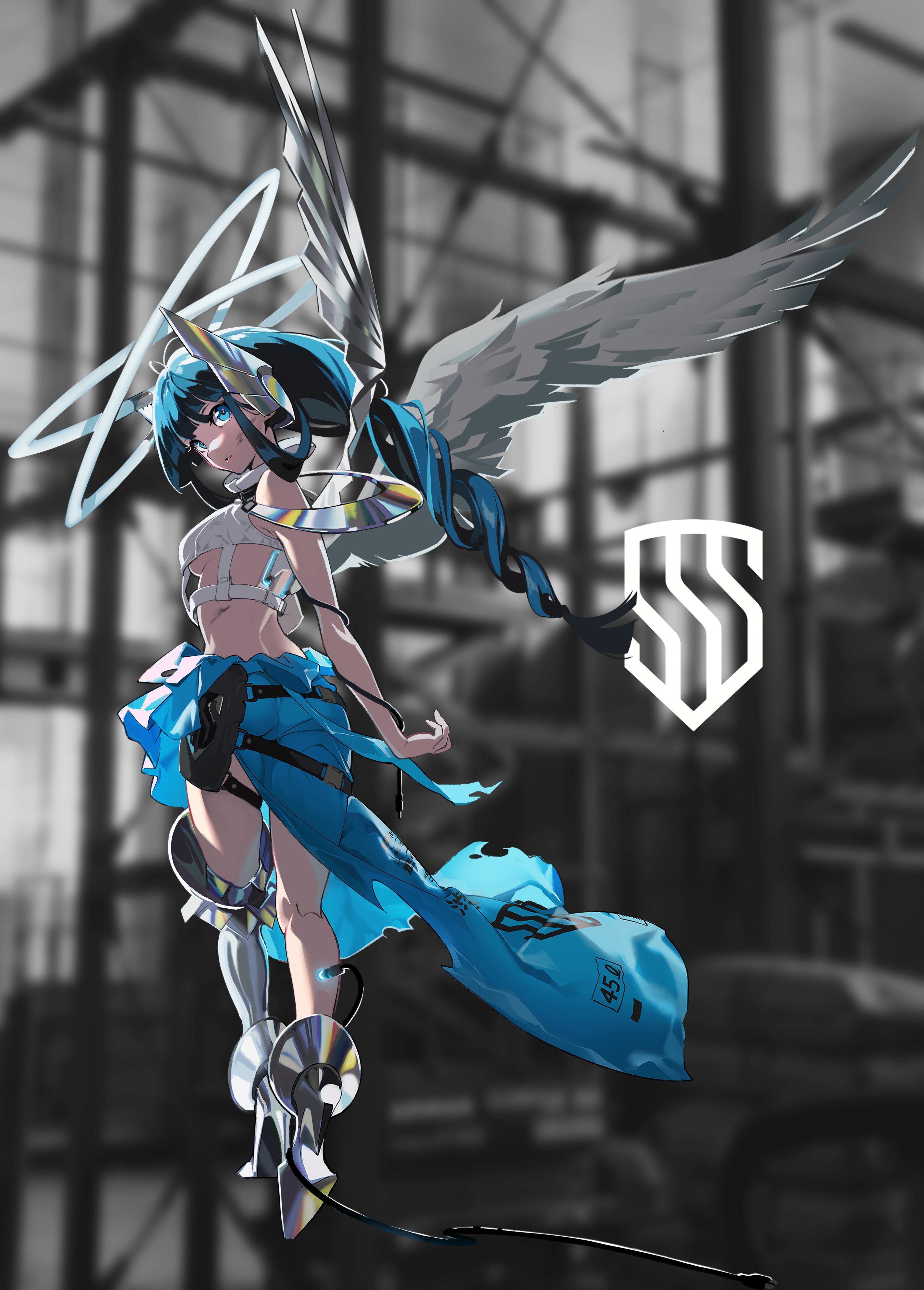 the image features a female anime character with angelic wings and a halo, set against a blurred industrial backdrop.  she is dressed in futuristic attire incorporating elements like cds and what appears to be salvaged tech.  her overall aesthetic blends angelic imagery with a cyberpunk edge.