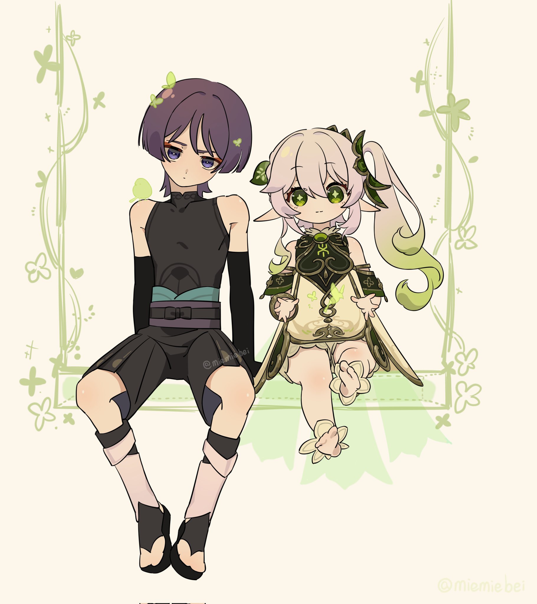 this is an animestyle illustration of two girls sitting on a swing. the girl in the front is wearing a black dress and kneehigh boots with a green flower tucked in her hair. the girl in the back is wearing a yellow dress with green flower designs. they are both looking at the viewer with a happy expression. the background is green and white with vines and flowers. the image is drawn in a cartoon style with bright colors and simple lines.
