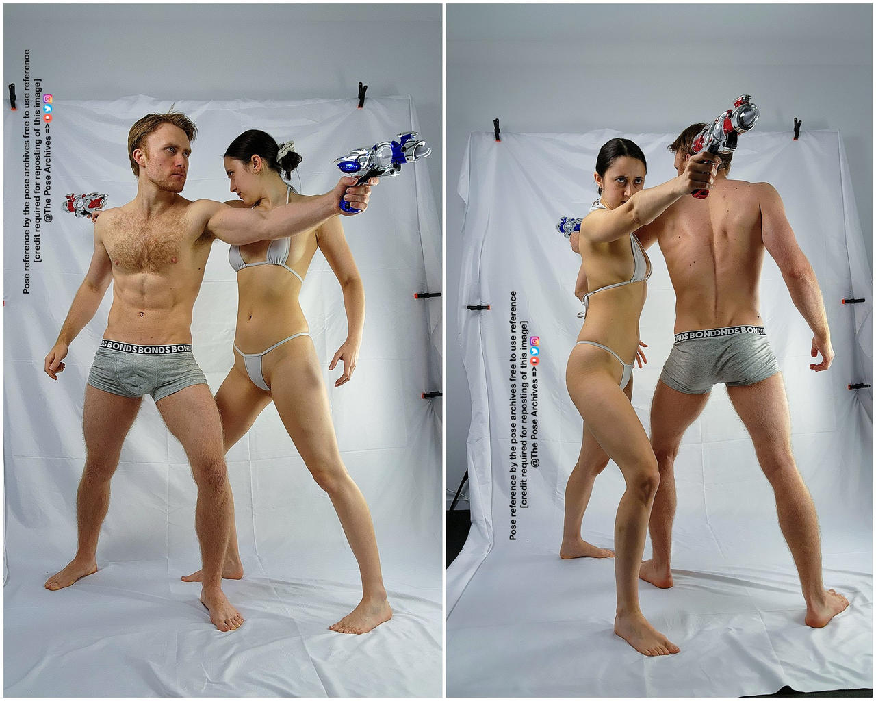 a man and a woman are posing in a fighting stance with toy guns. they are both wearing swimwear and are standing in front of a white backdrop.