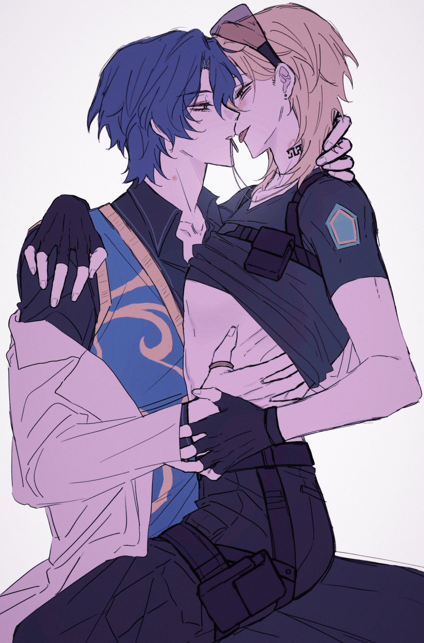 the image is a digital drawing or fanart depicting a romantic embrace between two animestyle characters. one character has blue hair and is wearing a light purple coat over a blue top with gold patterns. the other character has blonde hair and is wearing dark tactical gear with a dark vest and pants. they are kissing, and their bodies are tightly intertwined, conveying a strong sense of intimacy and affection. the style is soft and detailed with muted colors that create a romantic and tender atmosphere. the background is plain white to focus attention on the characters.