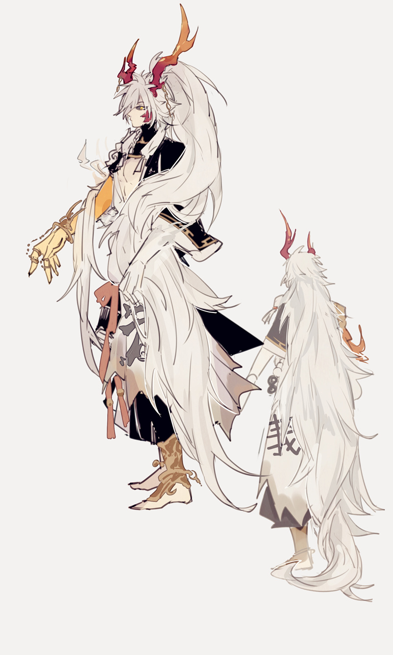 the image depicts a male anime character with long white hair, red horns, and a goldtrimmed kimono. he is in a semiformal, slightly hunched pose, looking down. the character appears to be a demon or oni, with a fierce yet elegant expression. his long hair flows in a dramatic fashion, and he seems to be enveloped by his own white hair, which resembles a cloud or cloak. the image is drawn in a soft, illustrative style with a focus on detail and expression. the character's appearance suggests he is a powerful and mysterious being, perhaps a guardian or a king. the image is set against a simple white background, highlighting the character's striking features.