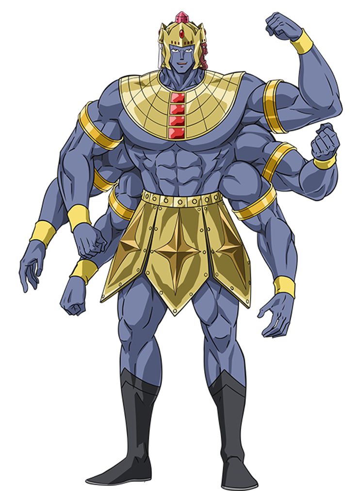 the image features a cartoon illustration of a male anime character with four arms. he's wearing a gold armor with red gemstones and a golden crown. the character has a bluetoned skin, muscular physique, and a determined expression. he's standing with his four arms posed in a confident stance. the background is white.