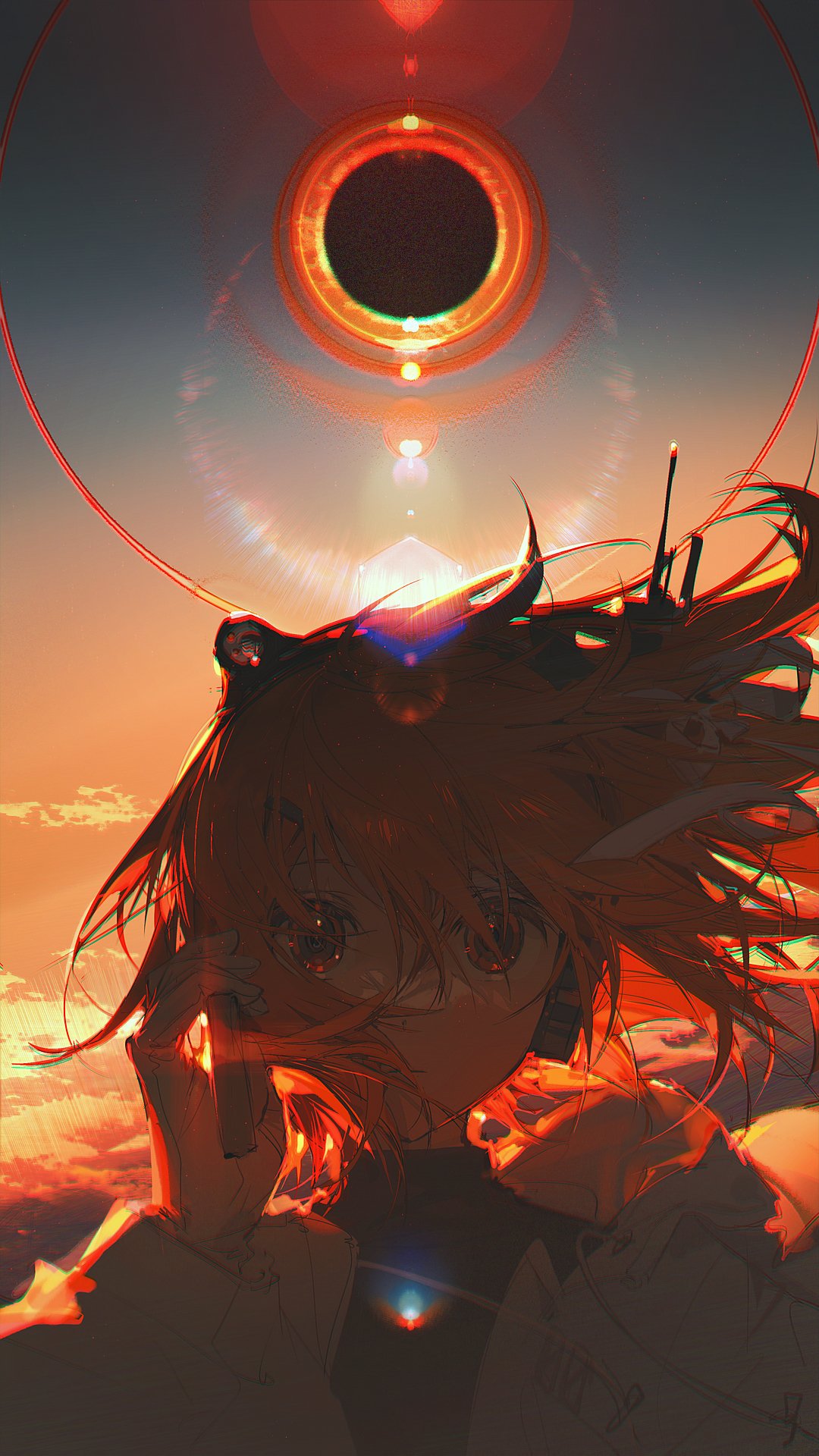 the image shows an animestyle portrait of a girl with orange hair, likely asuka langley sohryu from evangelion. she's looking up towards a sunset where a solar eclipse is taking place. there are clouds and sun glare in the sky.