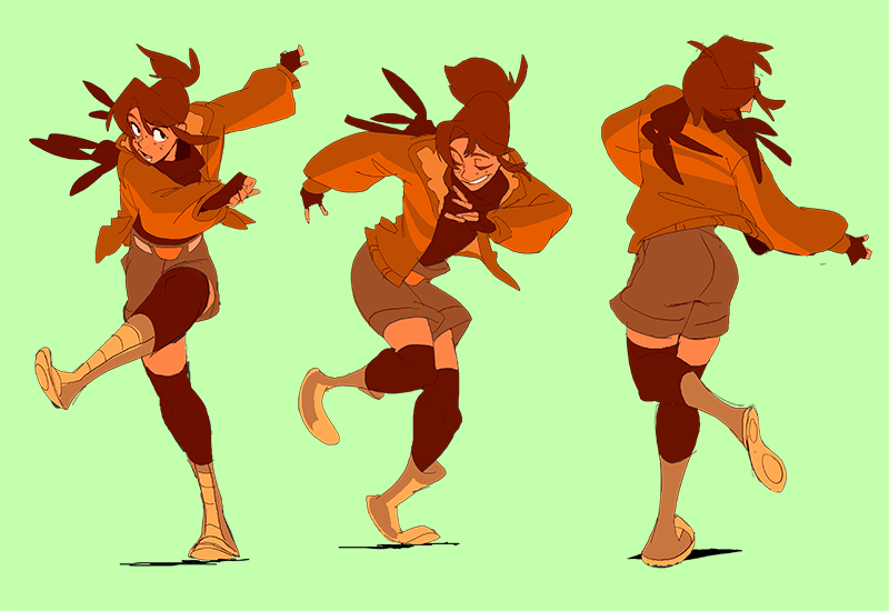 the image showcases three different animated poses of a female character, possibly an anime character. she is dressed in a casual, stylish outfit, with an orange jacket and brown shorts, accompanied by brown thighhigh socks. her expression seems playful and energetic, with a slight smile and a hint of mischief in her eyes. her hair is a warm brown color and styled with a simple ponytail. she is depicted in dynamic poses, showcasing her agility and energy, likely midaction. the background is a solid light green, highlighting the character and her lively poses. the image suggests a sense of motion and movement, capturing a moment in a larger story or animation. the overall style is cheerful and energetic, with bold outlines and vibrant colors.