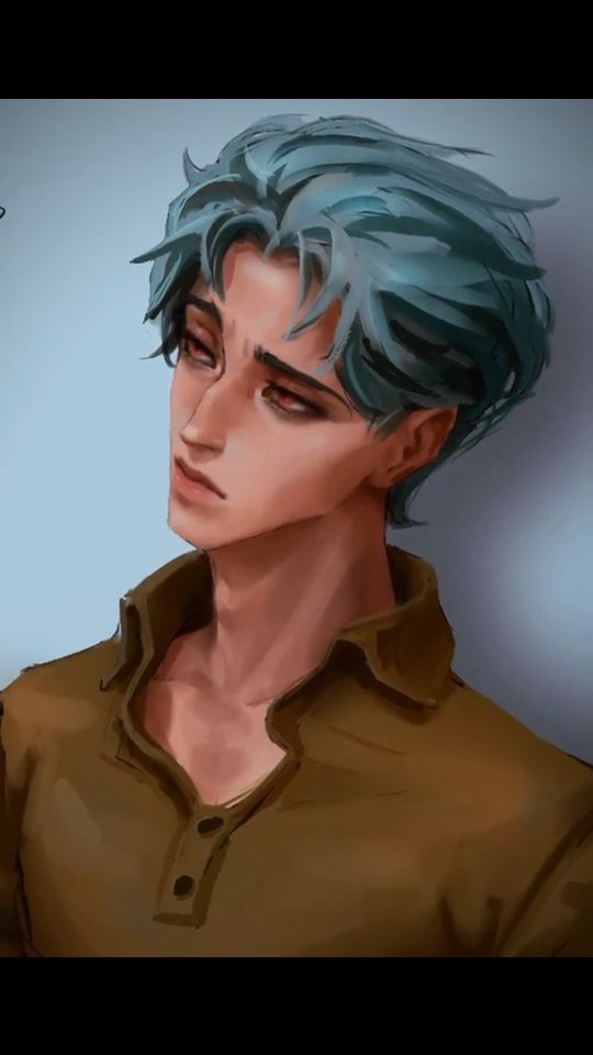 the image is a digital painting or illustration of a young animestyle male character.  he has short, styled teal or bluegreen hair and is wearing a brown henley shirt. his expression is somewhat melancholic or pensive, with slightly downturned eyes and a neutral mouth. the art style blends realistic features with anime/manga aesthetics, focusing on soft shading and detailed rendering of the character's face and hair. the background is a simple, muted bluegrey, drawing focus to the character. the overall mood is quiet and contemplative.