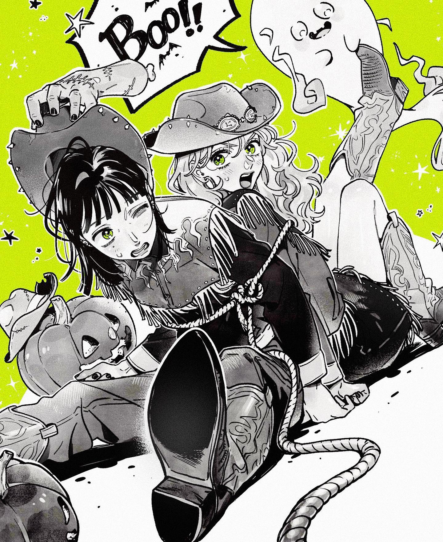 the image is a monochrome illustration depicting two cowgirls in a halloween setting. one cowgirl is playfully tying up the other with a lasso. a ghost is in the background. pumpkins and other halloween elements are scattered around them. the style is reminiscent of manga or comic art, with bold lines and expressive characters. the overall mood is fun and spooky, capturing the spirit of halloween.  the background is a bright lime green which provides a stark contrast to the black and white drawing.