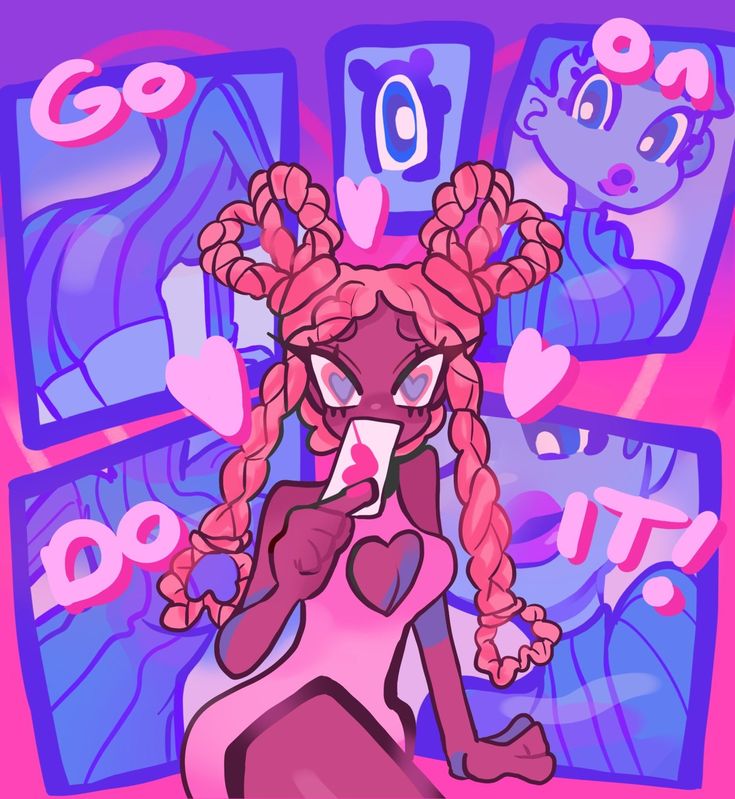 a cartoon girl with pink hair and a pink dress is holding a red playing card with a heart on it. she is surrounded by comic book panels with the words "go," "do," and "it," and hearts. she has a determined expression on her face. the colors are bright and vibrant.