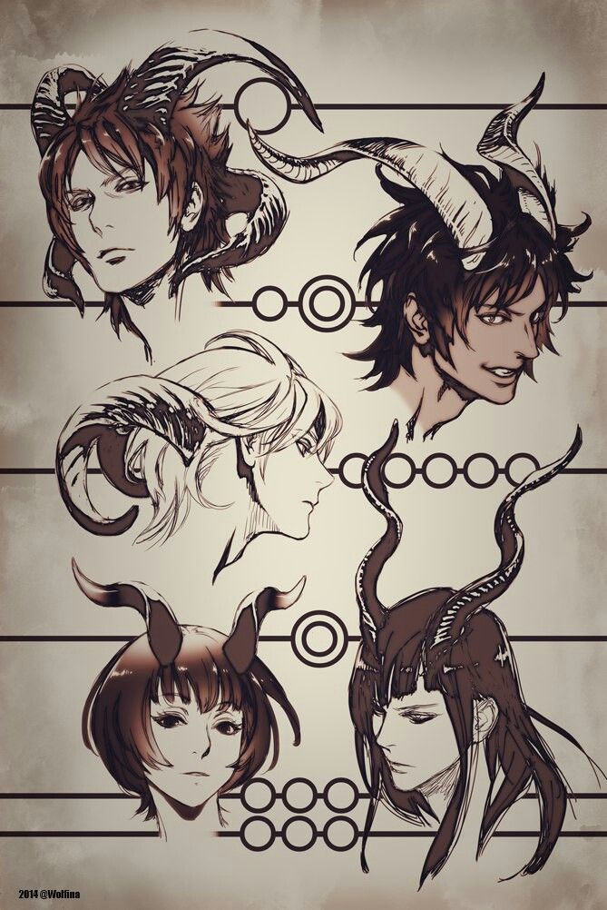 the image is a beautifully rendered sketch page showcasing five different characters' profiles, each adorned with unique and elaborate horns. the style leans towards a fantasy aesthetic, hinting at potential mythical beings like demons or elves. the artist masterfully employs varied line weight and shading to add depth and dimension to the characters' features, despite the monochromatic palette. the soft lighting further enhances the ethereal and somewhat melancholic mood of the piece.
