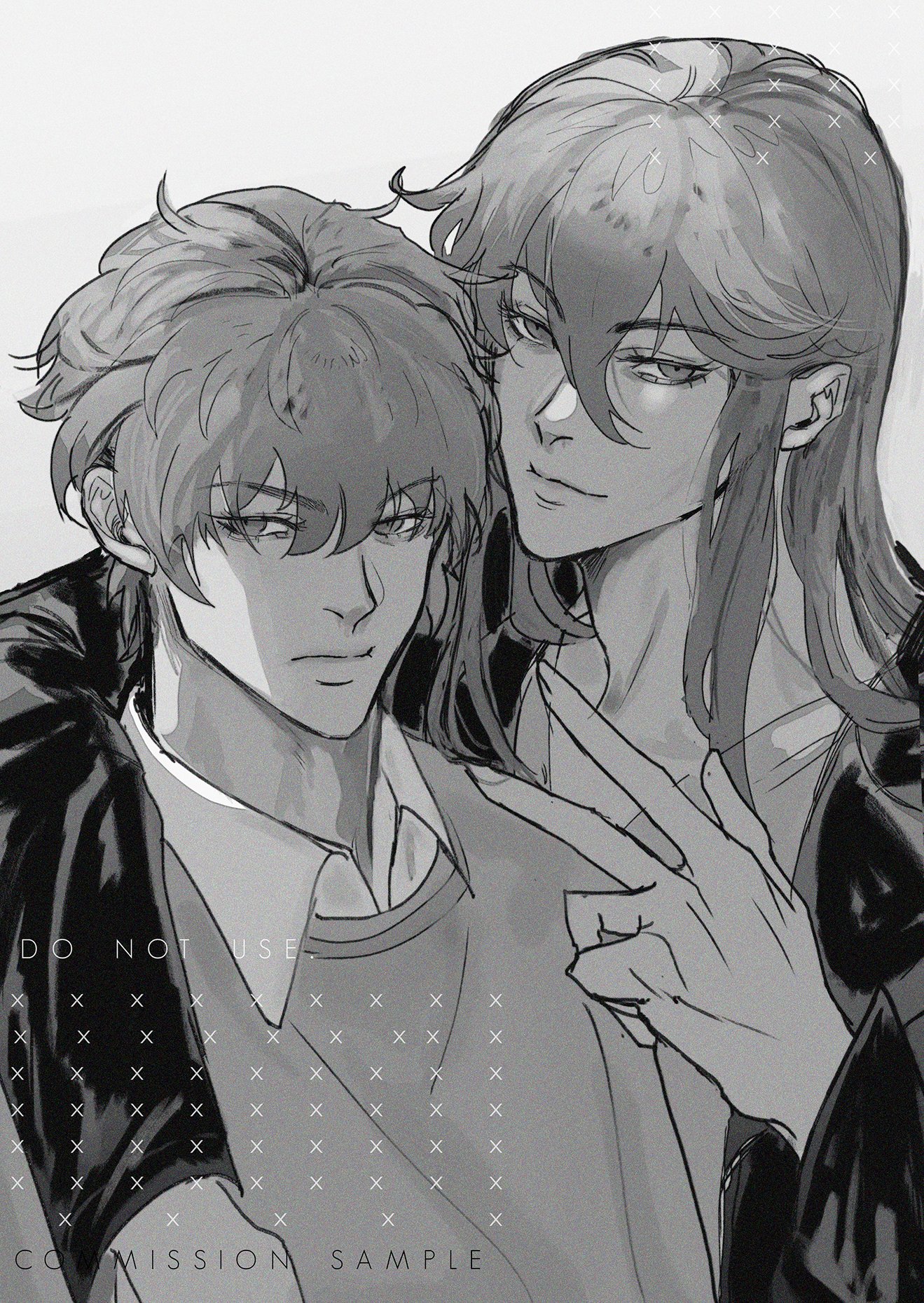 this black and white drawing depicts two young men. the one on the left is leaning his head on the shoulder of the one on the right. the one on the right is wearing a jacket, and his hand is resting on the chest of the one on the left. both are looking at the viewer, as if they are gazing directly at the camera.