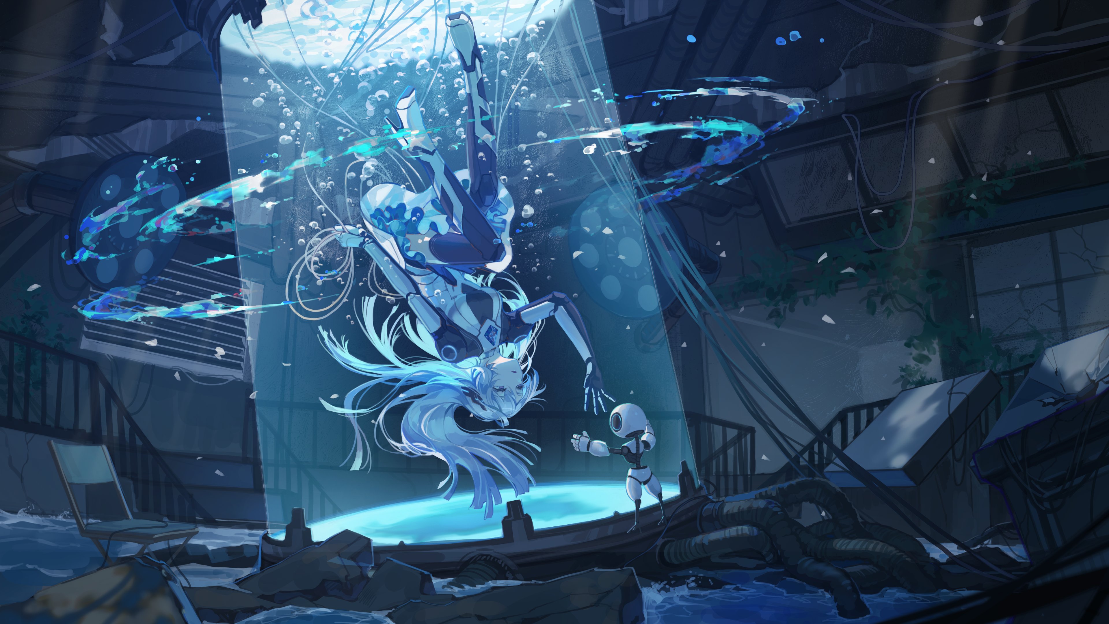 the image is a digital painting or illustration in an anime style. it depicts a young woman with long, flowing white hair, dressed in a futuristic, cyborglike outfit. she's submerged in a large, clear cylindrical container filled with water, which is situated in what appears to be the ruins of a building.  the water around her glows with a soft blue light, and swirling blue energy trails emanate from her and the water.  a small, simple robot stands at the base of the container, seemingly interacting with the woman. the overall atmosphere is mysterious, peaceful, and slightly melancholic, with a blend of futuristic and ruined elements. the color palette is predominantly cooltoned blues and whites.
