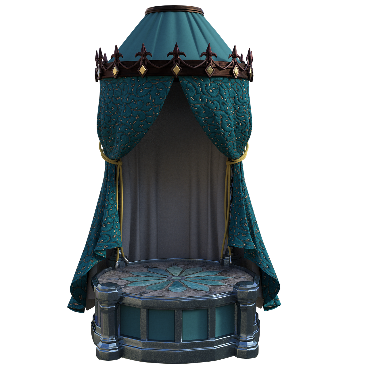 an ornate throne platform with a teal and gold canopy. the canopy has a decorative wooden crown and teal curtains. the platform is made of stone with a floral pattern. the background is black.