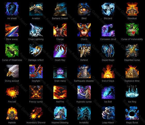 the image is a grid of 36 icons representing different abilities in the game dota 2. the icons are neatly organized and labeled with their corresponding ability names. the  background is black to make the icons stand out.