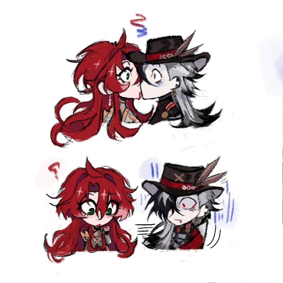 he image contains two panels depicting a chibistyle anime couple. the top panel shows the girl and boy sharing a kiss, while the bottom panel shows the girl surprised or shocked by the boy's reaction. the girl has long, flowing red hair, and the boy has long, white hair and is wearing a hat. the art style is cute and expressive, with exaggerated features and dynamic lines. the overall mood is playful and romantic.