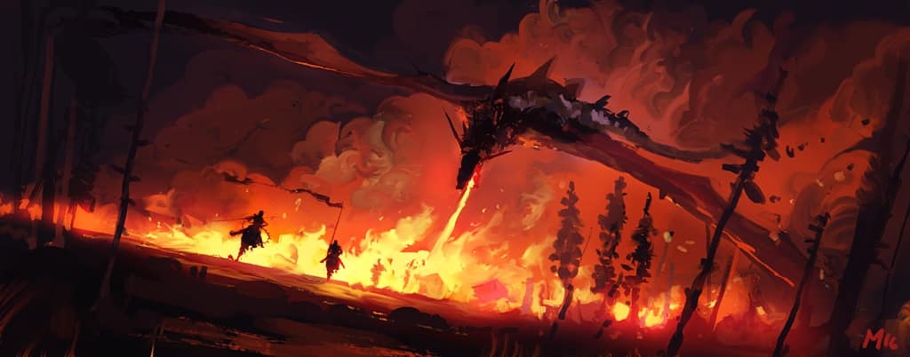 the image depicts a dramatic scene of a large, dark dragon flying over a burning forest.  the dragon is breathing fire, adding to the raging inferno below. two silhouetted figures, possibly warriors or knights, are seen on horseback in the foreground, seemingly battling against the fiery devastation caused by the dragon. the overall style is dark fantasy, with intense colors and dynamic brushstrokes creating a sense of chaos and overwhelming power. the forest fire is engulfing the landscape, painting the scene in various shades of orange and red. the dark silhouette of the dragon against the bright fire creates a strong visual contrast.