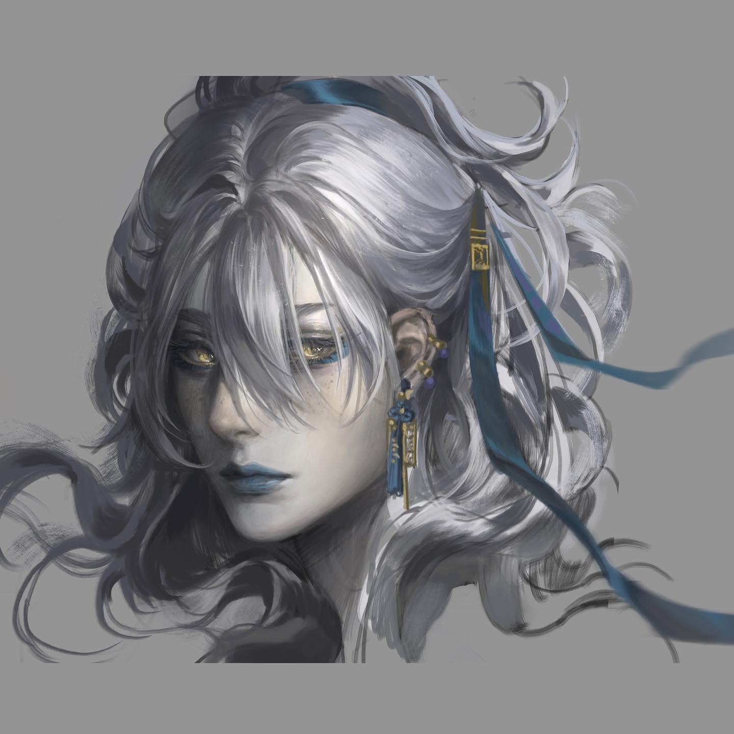 a closeup portrait of a young person with flowing white hair, styled with a blue ribbon. they have striking blue eyes accented by dark eyeliner and blue eyeshadow. a single elaborate earring dangles from their left ear, featuring gold and blue details. the background is a muted gray, drawing focus to the subject's ethereal beauty.