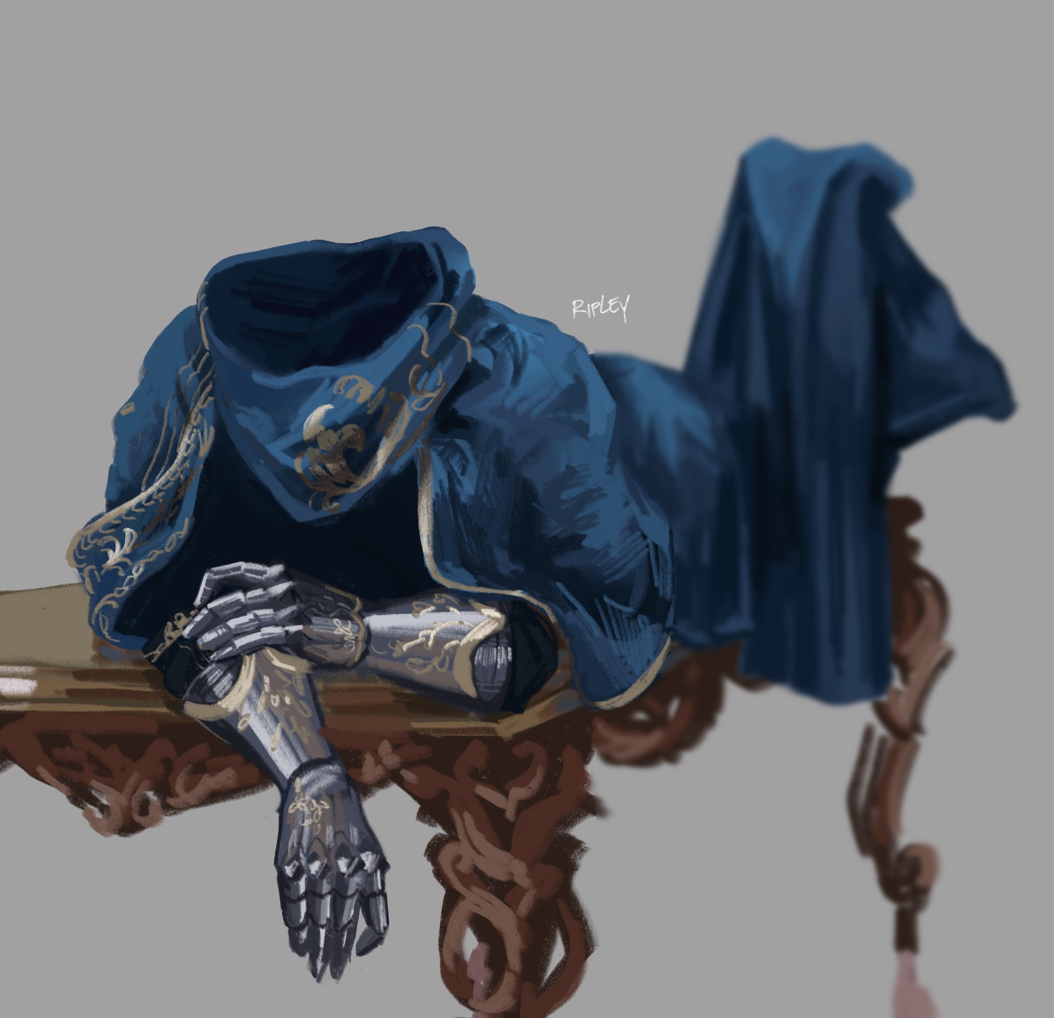 a  suit of blue and gold armor is draped over an ornate wooden table. the  arms of the armor are crossed, with the gauntlets resting on the table's edge. the armor's cloak pools on the floor, creating a sense of stillness.