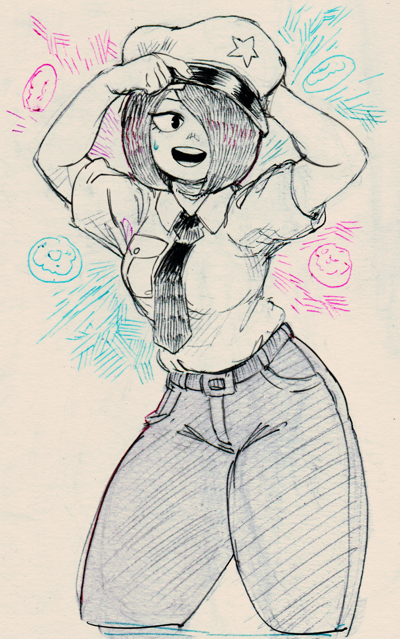 a handdrawn illustration of a woman dressed as a police officer, with a hat, shirt, and pants. the woman is smiling and holding her hat in her hand. she is surrounded by a burst of blue and pink and there are donuts floating near her.  the drawing is in a doodle style and the woman's expression is very bright and energetic.