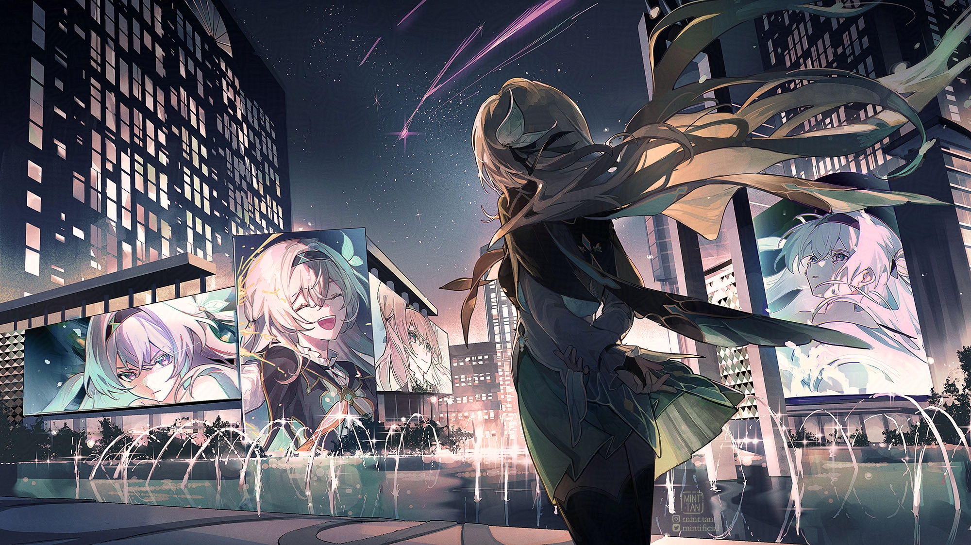 an anime girl with long white hair, wearing a green and brown cape, stands in a futuristic city, surrounded by billboards and buildings. she looks up at the sky, where stars are falling. in the background, there are other girls on billboards, all with similar styles. the city is lit up with lights, and the atmosphere is magical and enchanting.