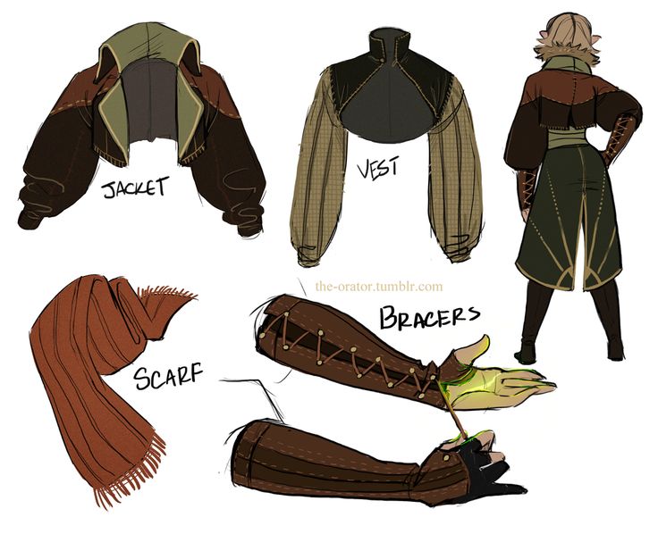 the image is a design for a character's outfit. it includes individual illustrations of the outfit's components, such as a jacket, vest, bracers, and scarf. the illustration is done in a cartoon style. the character is an elf. the image is also titled "theorator".