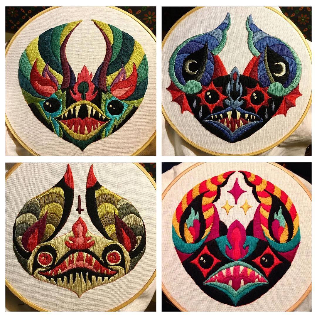 a collage of four images, each showcasing a unique and vibrantly colored embroidered piece of art. each piece features a stylized batlike creature or monster, with intricate details and bold color palettes. the embroidery is done on circular hoops, and the style is a mix of folk art and whimsical design. the bats are depicted with expressive features and varied patterns, creating a collection of distinct and captivating artworks.