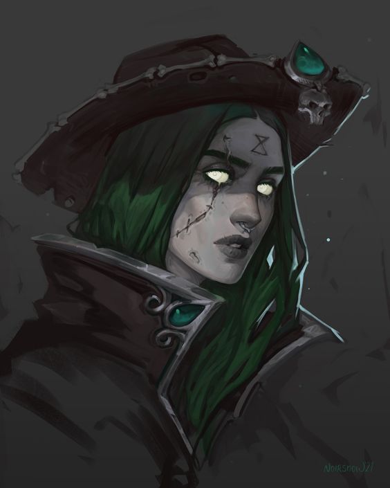 a closeup digital painting of a female pirate with green hair and glowing white eyes. she has a pale complexion, a scar over her right eye, and wears a dark, ornate pirate hat with a skull and green gem on it. she's also wearing a dark coat with green gem details. the background is dark and the lighting is soft, casting the portrait in shadow and highlighting her green hair and glowing eyes.